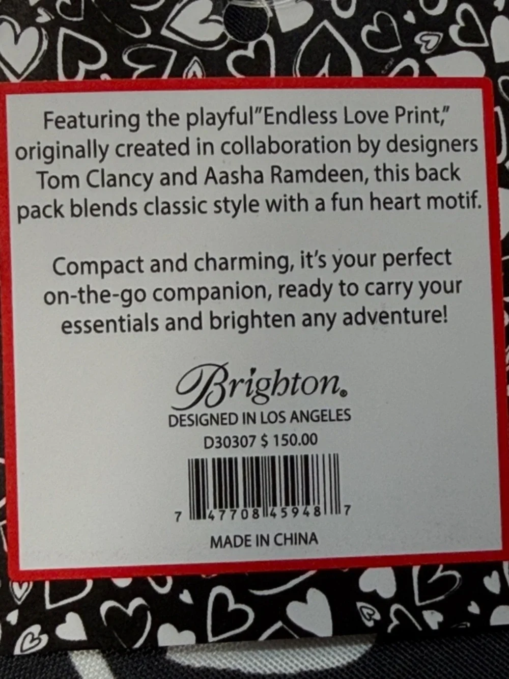Brighton NWT Endless Love Black and White Heart Pattern Backpack